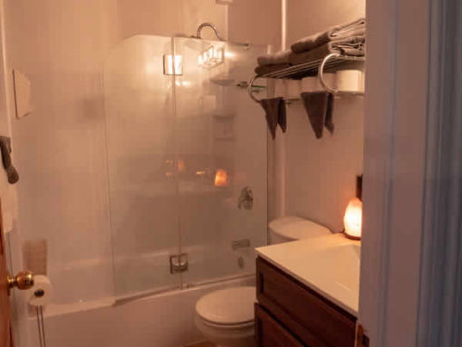 image: interior view of bathroom sink and shower