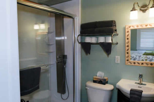 image: view of bathroom sink, toilet and shower